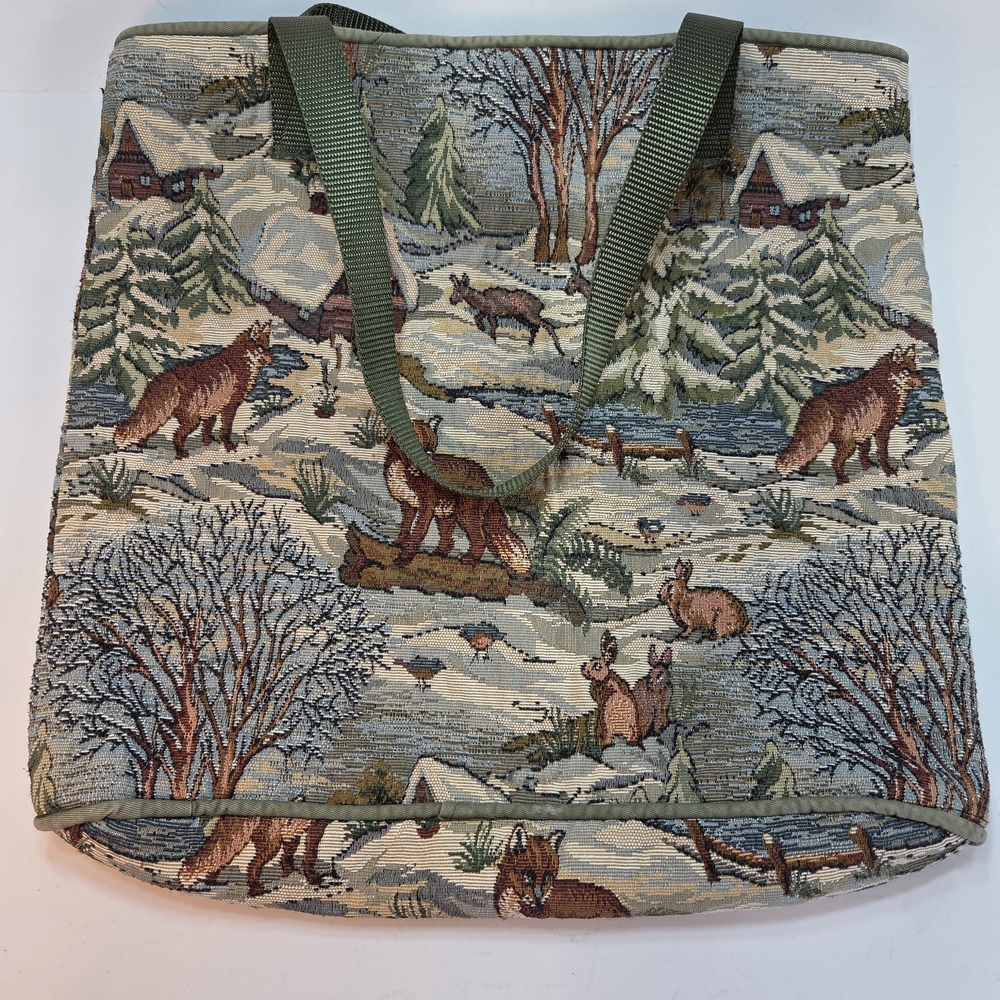 Scenic Tapestry Tote Bag with Green Straps